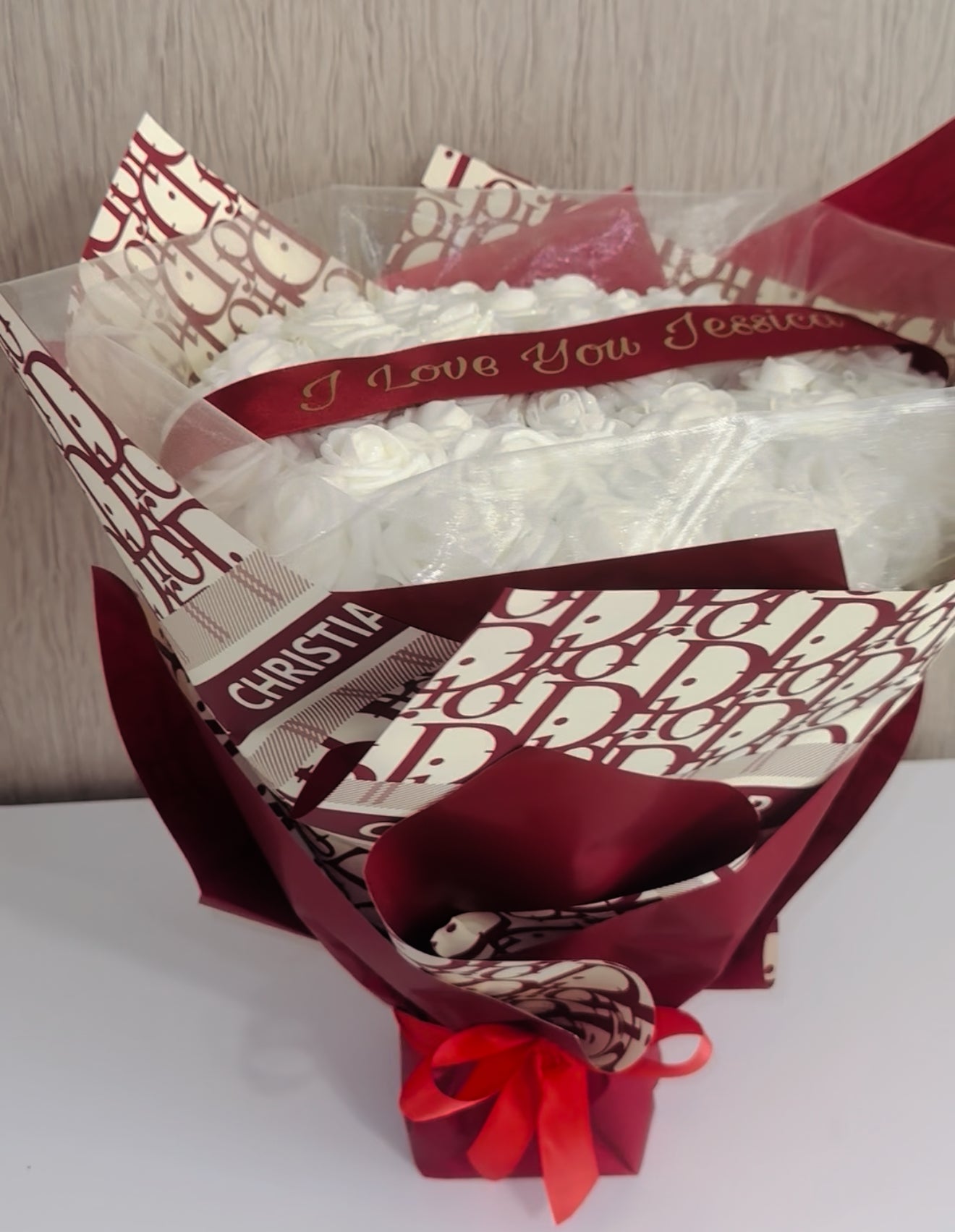 Luxury Red & Cream Glitter Rose Personalised Bouquet High End Wrapping