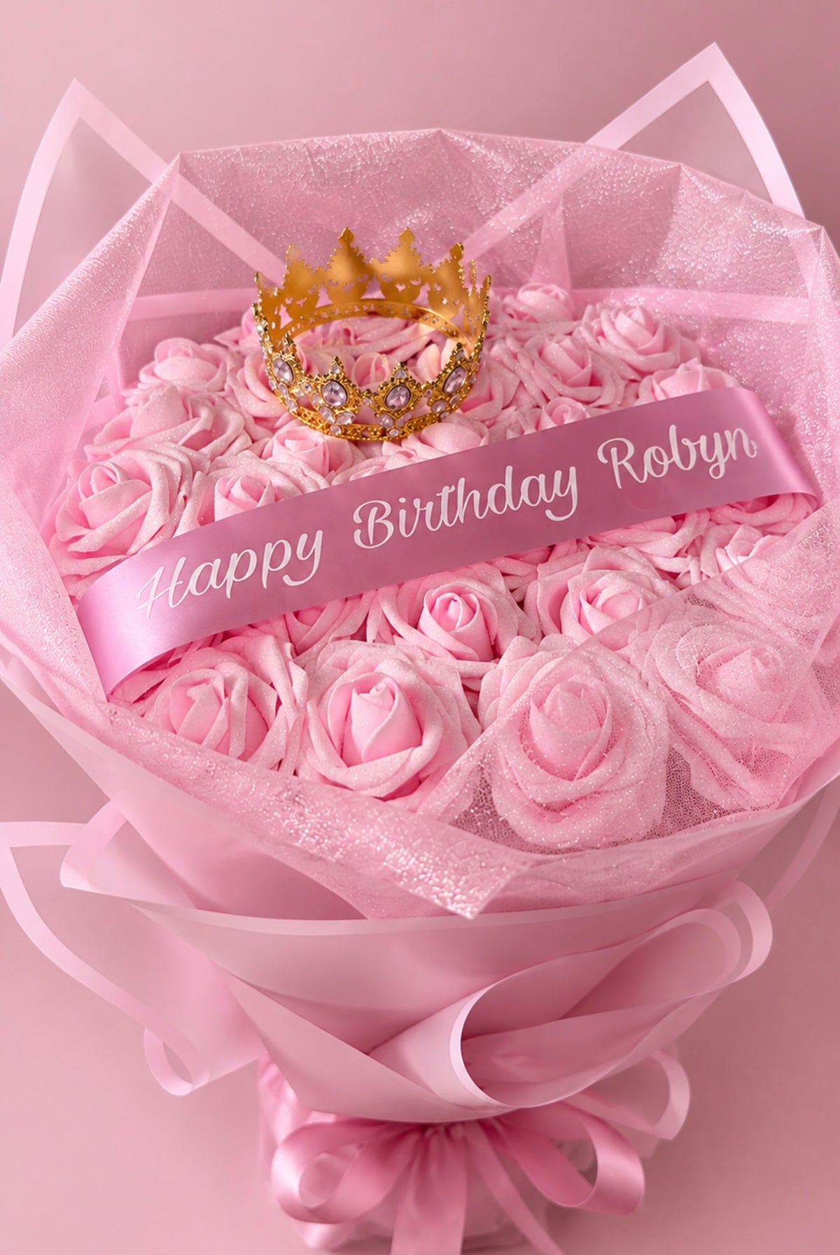 Pink Glitter Rose Bouquet with Crown & Personalised Banner