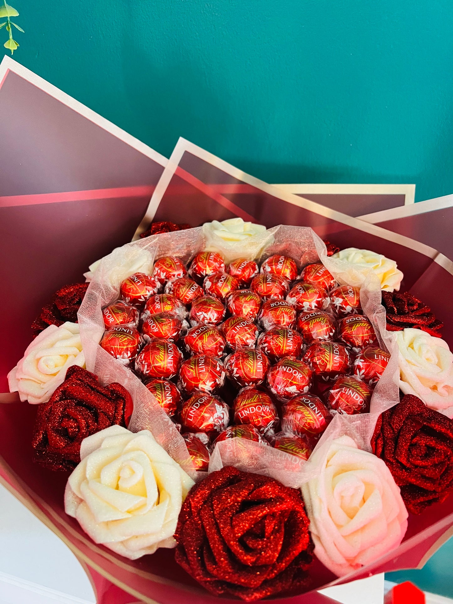 Red and Cream Glitter Rose Lindor Chocolate Bouquet