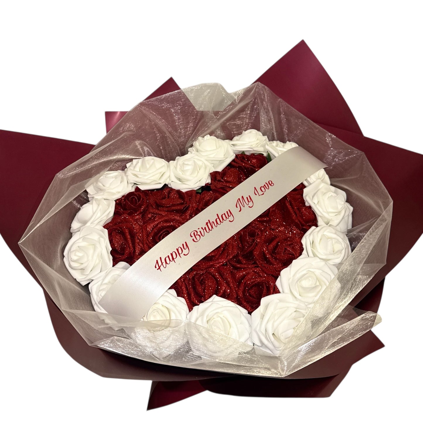 Love Heart Red & White Glitter Rose Personalised Bouquet