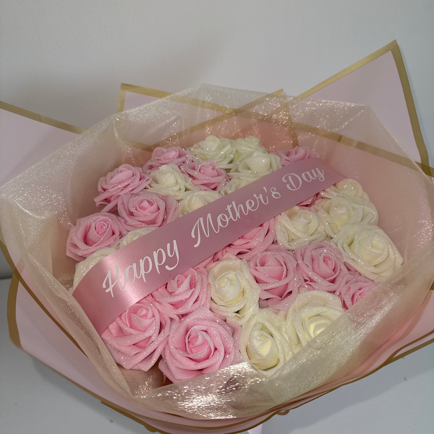 Pink & Ivory Glitter Rose Flower Bouquet - Blooming Gifts