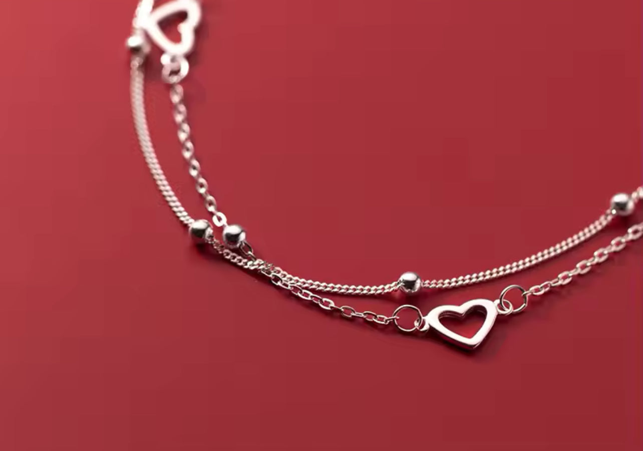 Sterling Silver Love Heart Layered Chain Bracelet