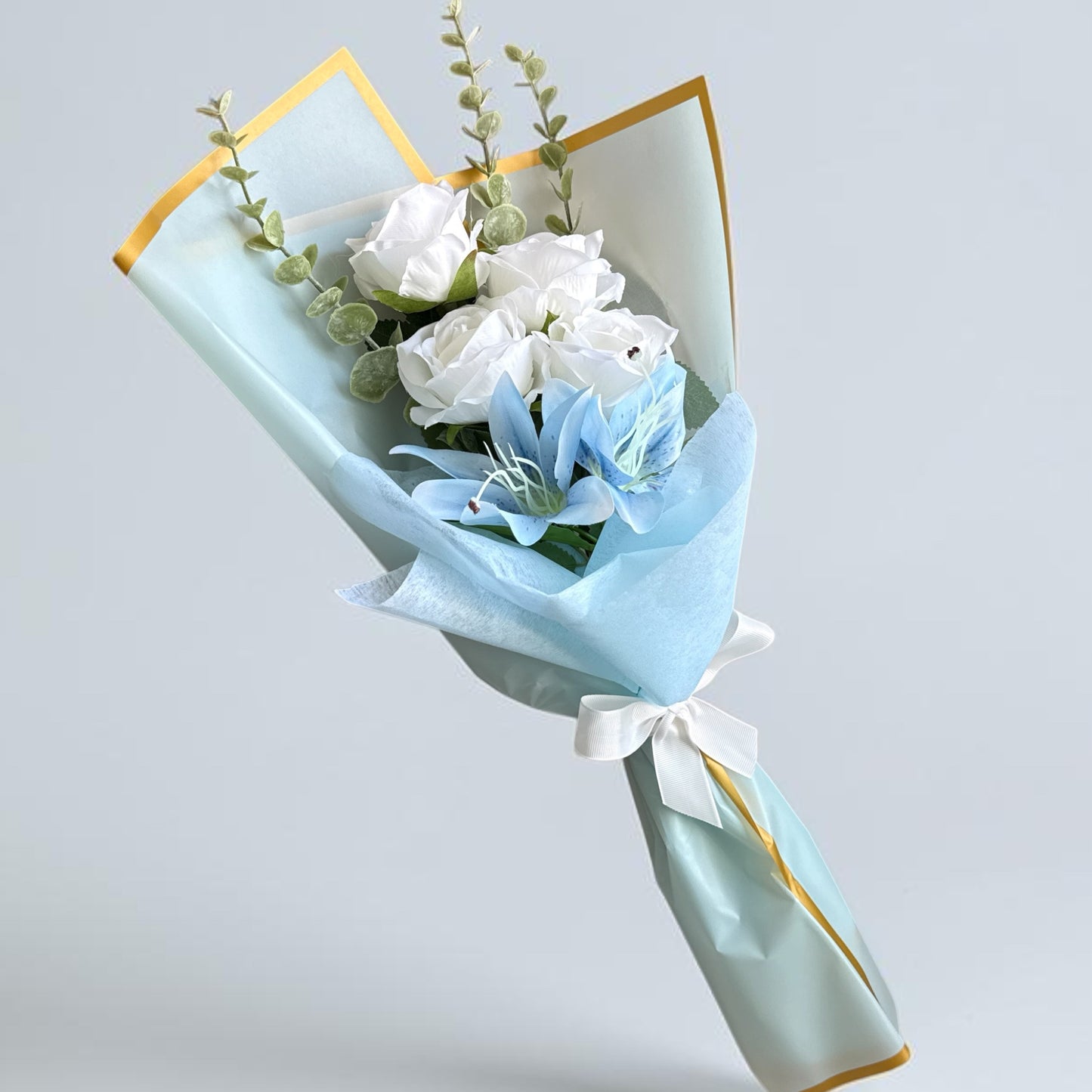 Blue & White Hand Held Rose & Lily Bouquet