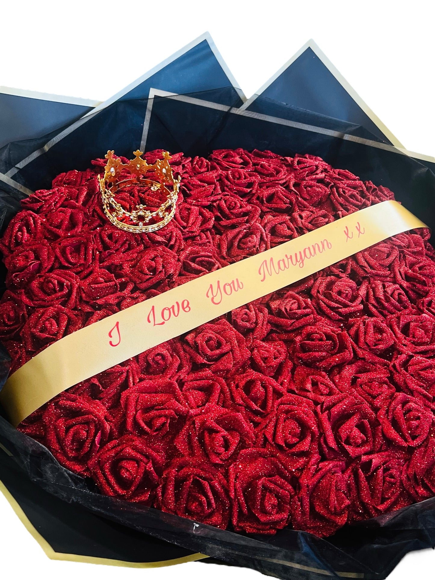100 Red Glitter Roses Personalised Banner & Crown