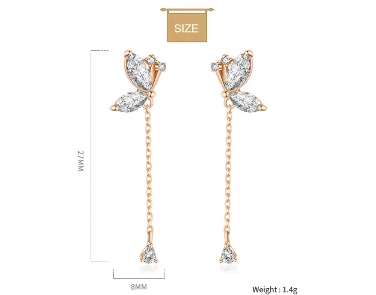 Rose Gold / Silver Butterfly Dangle / Drop Womens Earrings