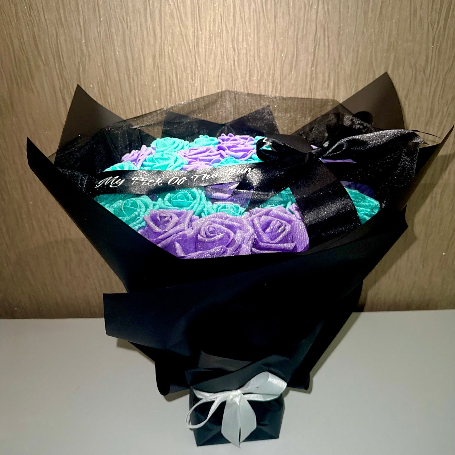 Purple & Turquoise Glitter Rose Personalised Bouquet