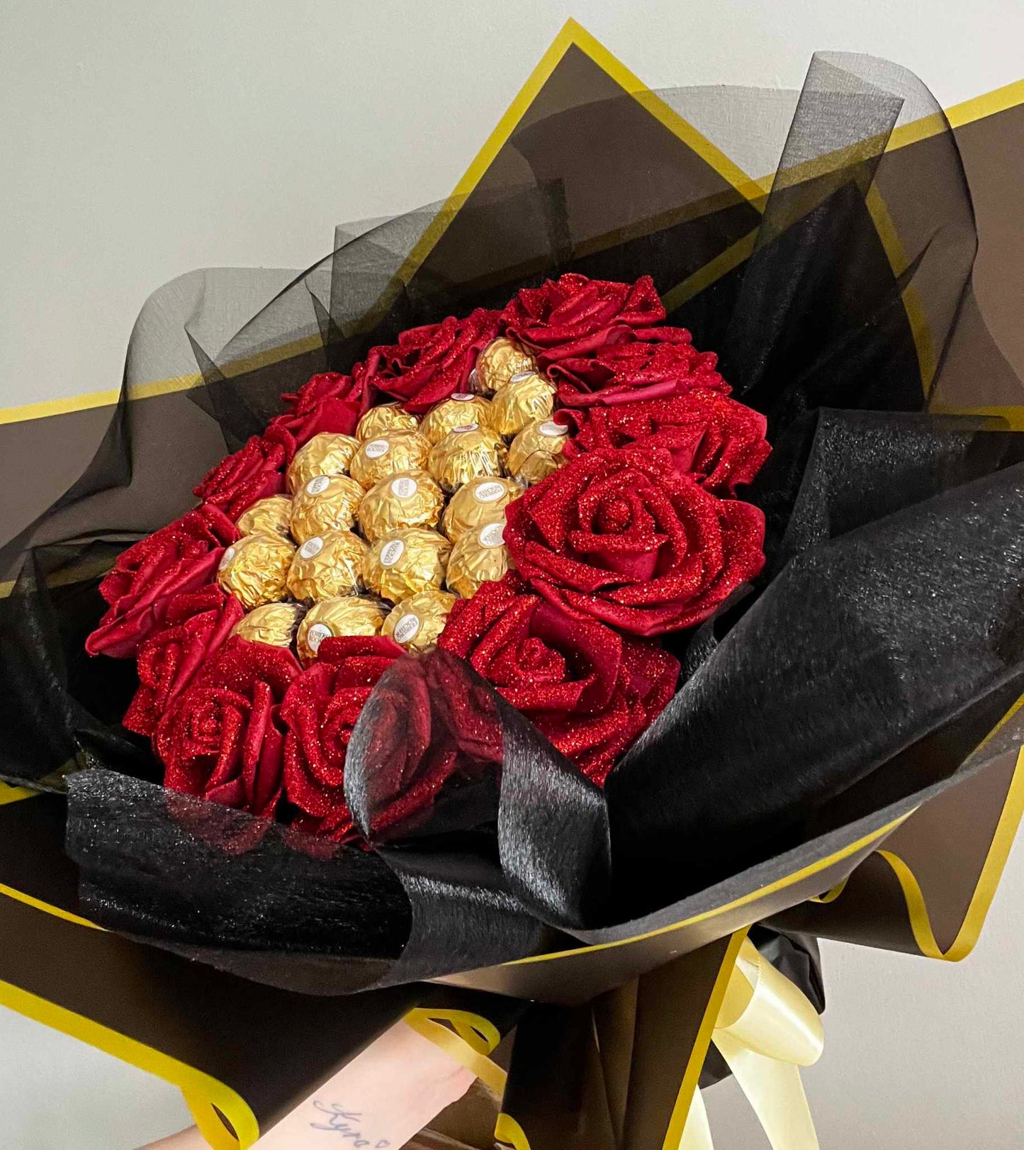Hand Crafted Red Glitter Rose Ferrero Rocher Chocolate Bouquet