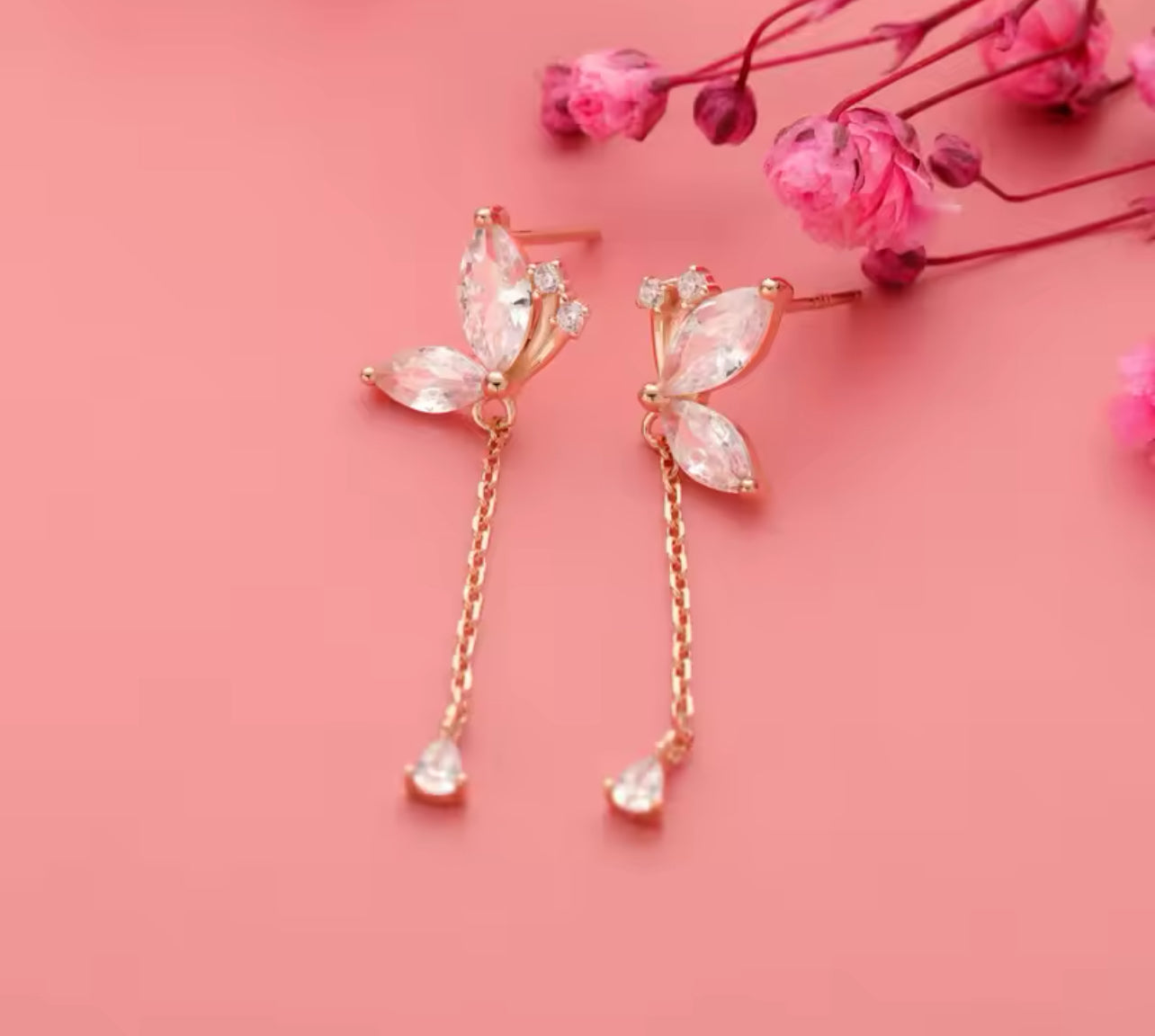 Rose Gold / Silver Butterfly Dangle / Drop Womens Earrings