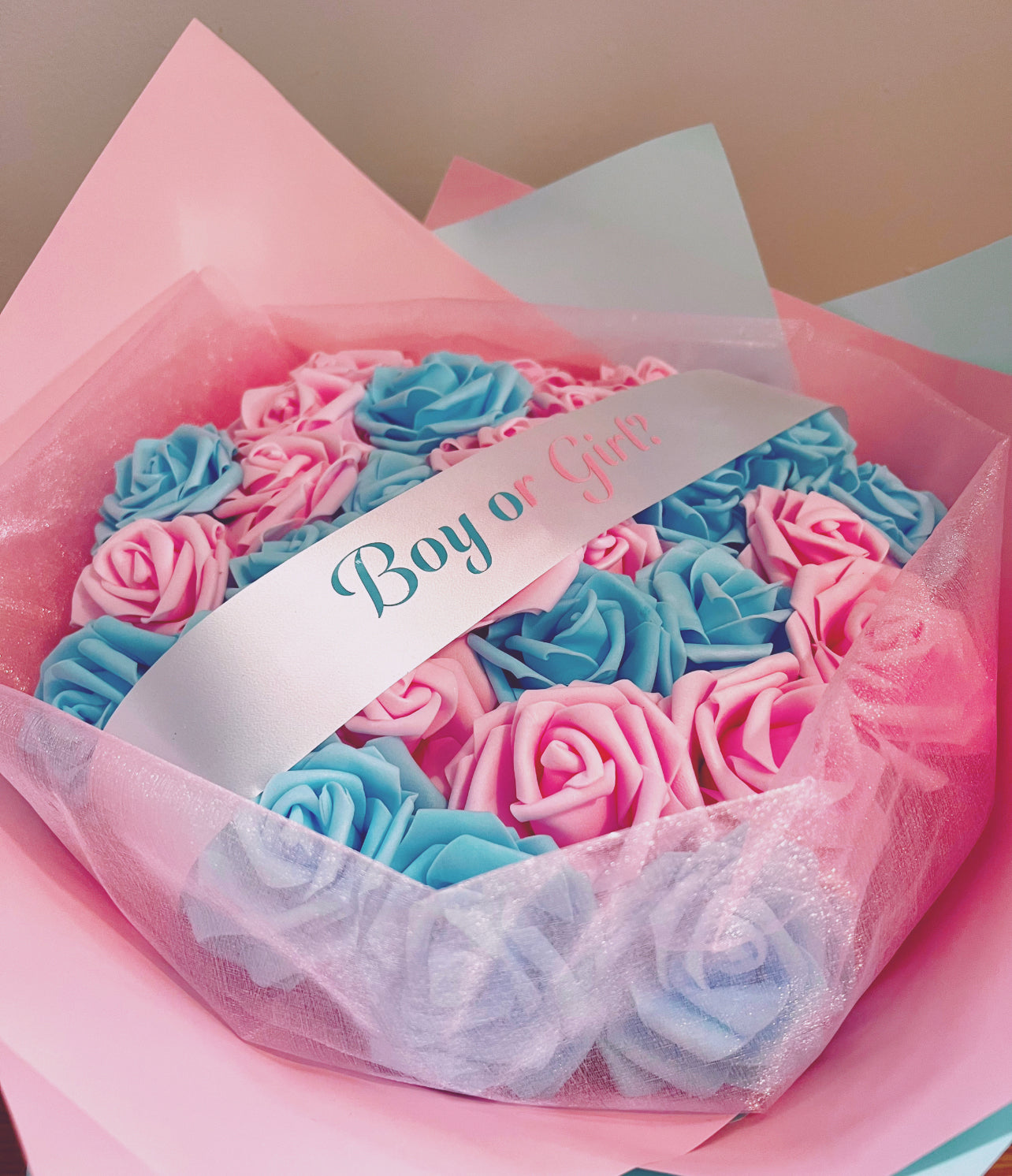 Pink and Blue Rose Bouquet Baby Gender Reveal Style