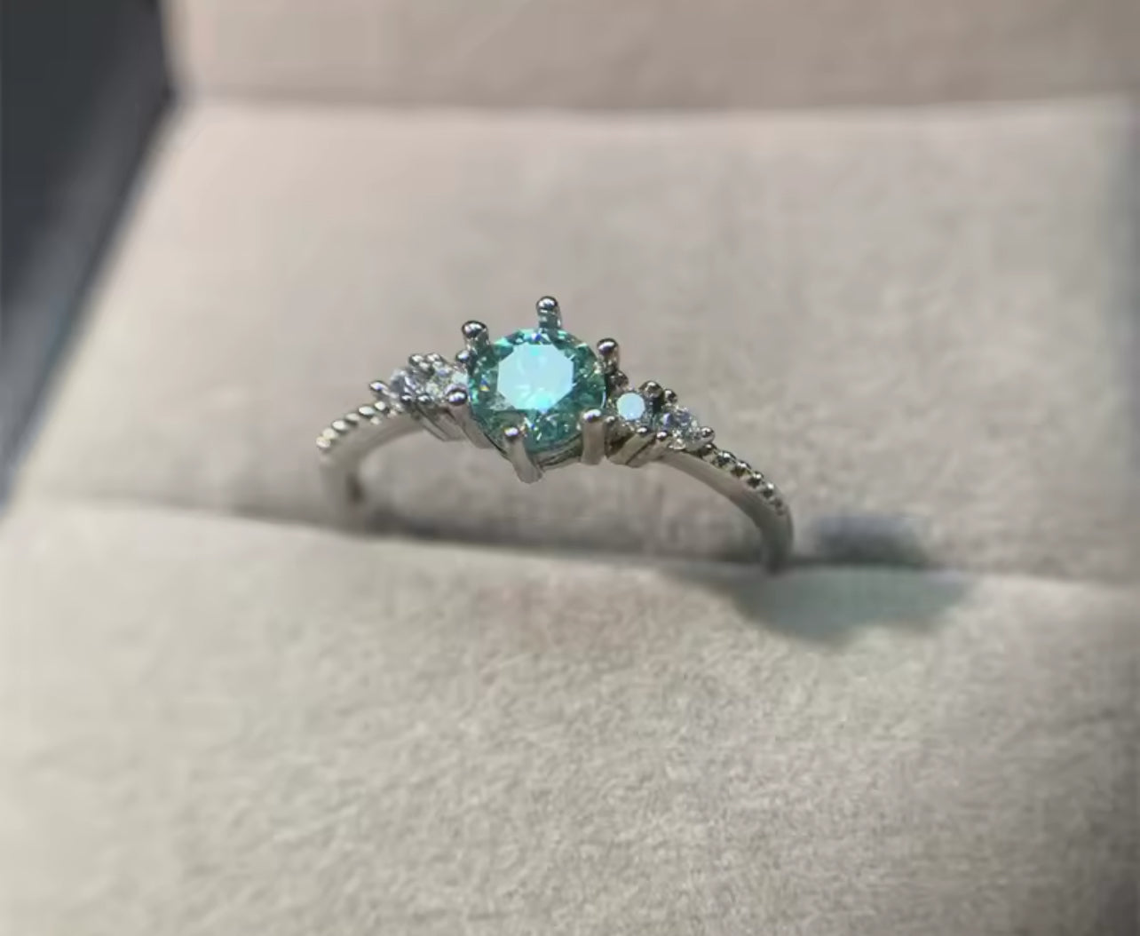 Green Moissanite 6 Claw Silver Engagement Ring