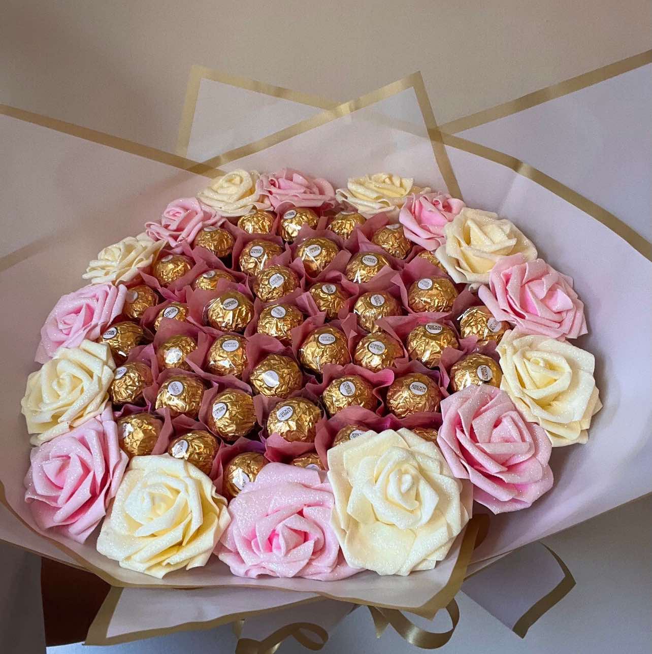 Ferrero Rocher Chocolate Rose Bouquet Pink & Cream
