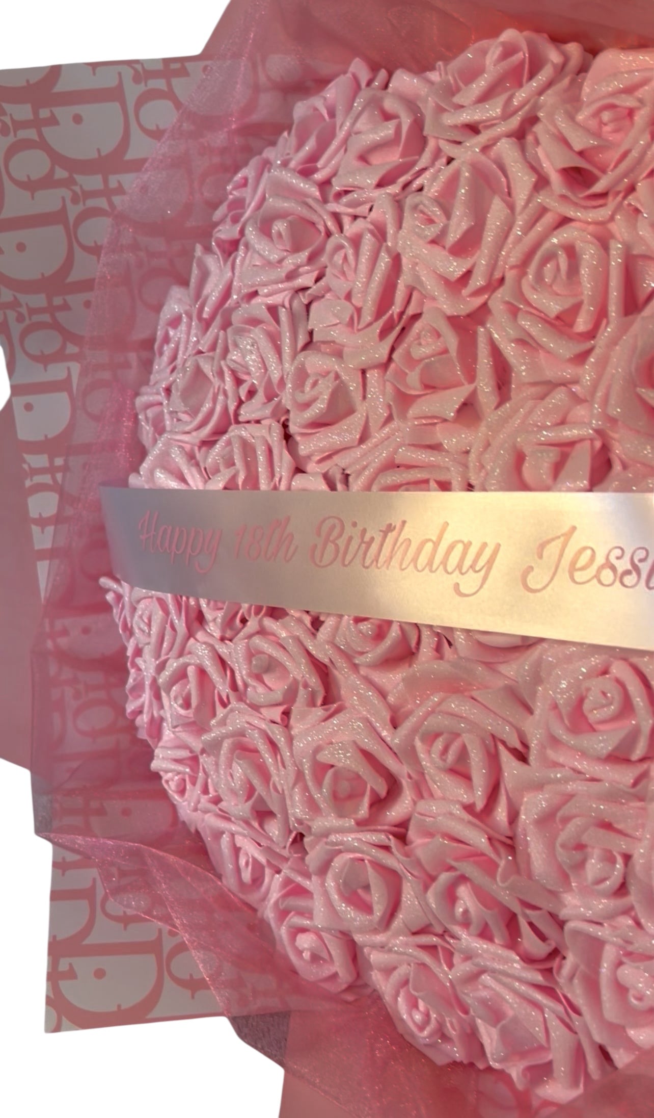 Pink & White Personalised Glitter Rose Bouquet High End Wrapping