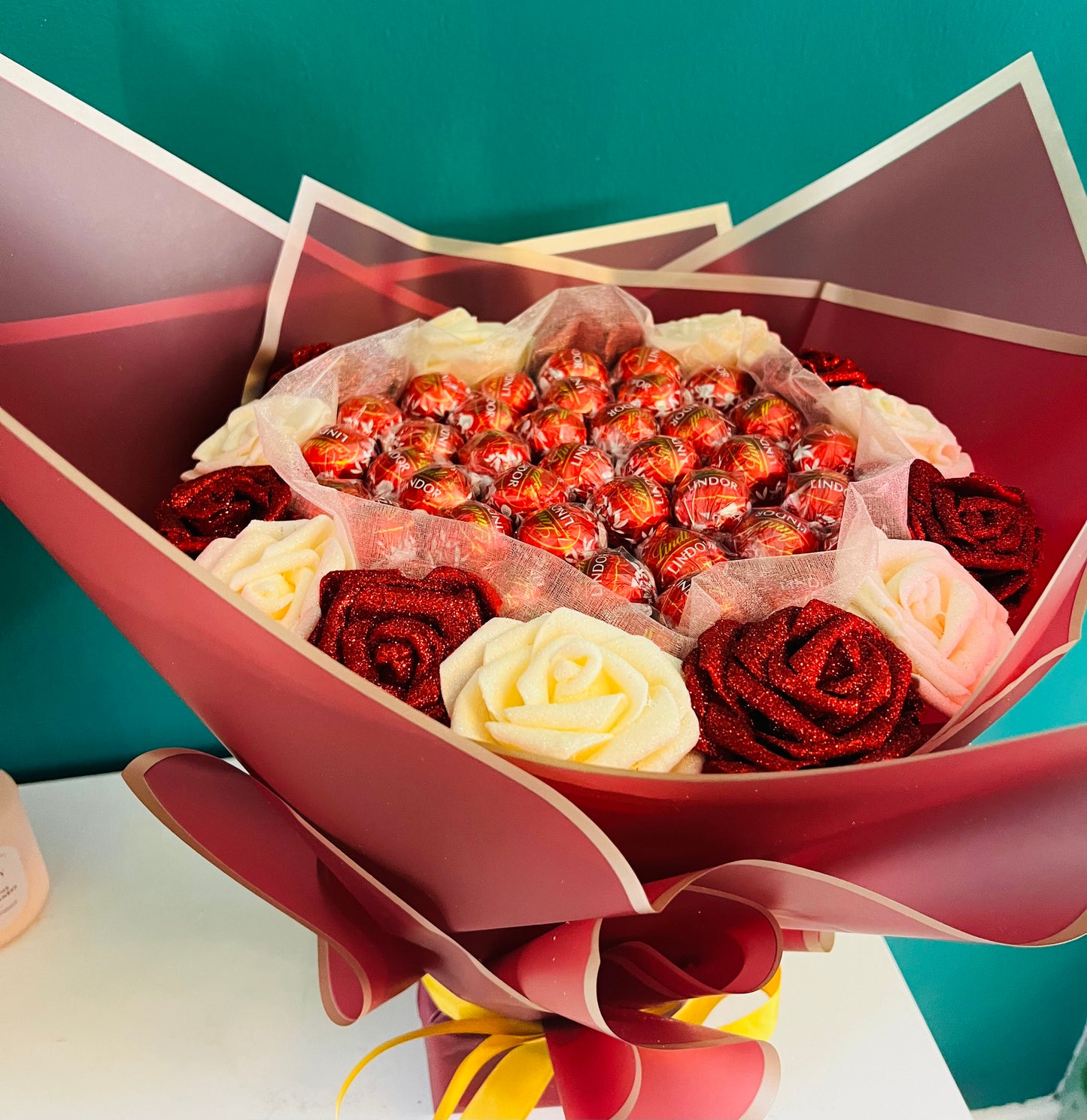Red and Cream Glitter Rose Lindor Chocolate Bouquet