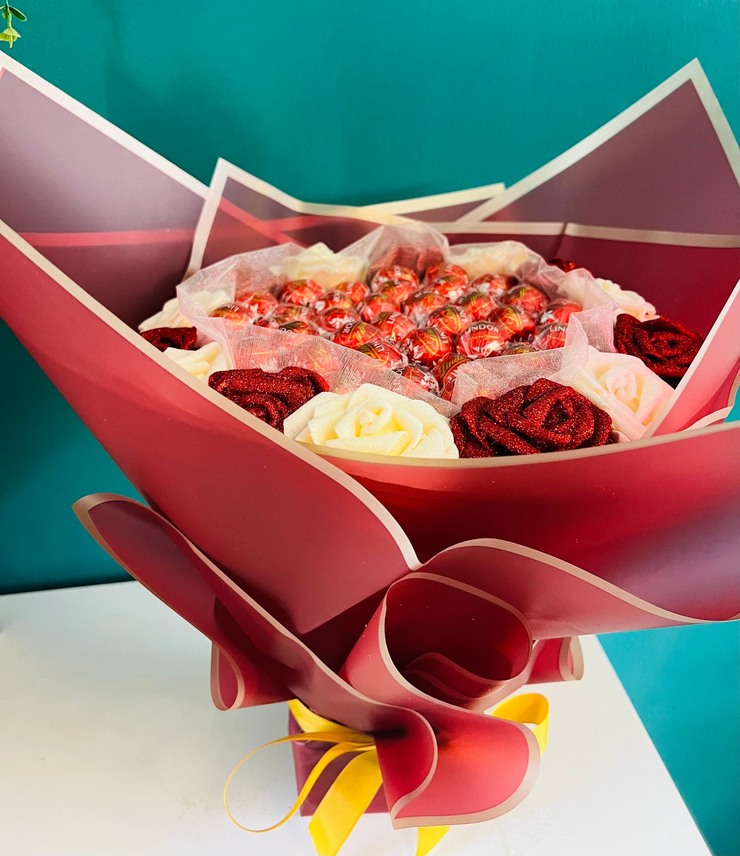 Red and Cream Glitter Rose Lindor Chocolate Bouquet