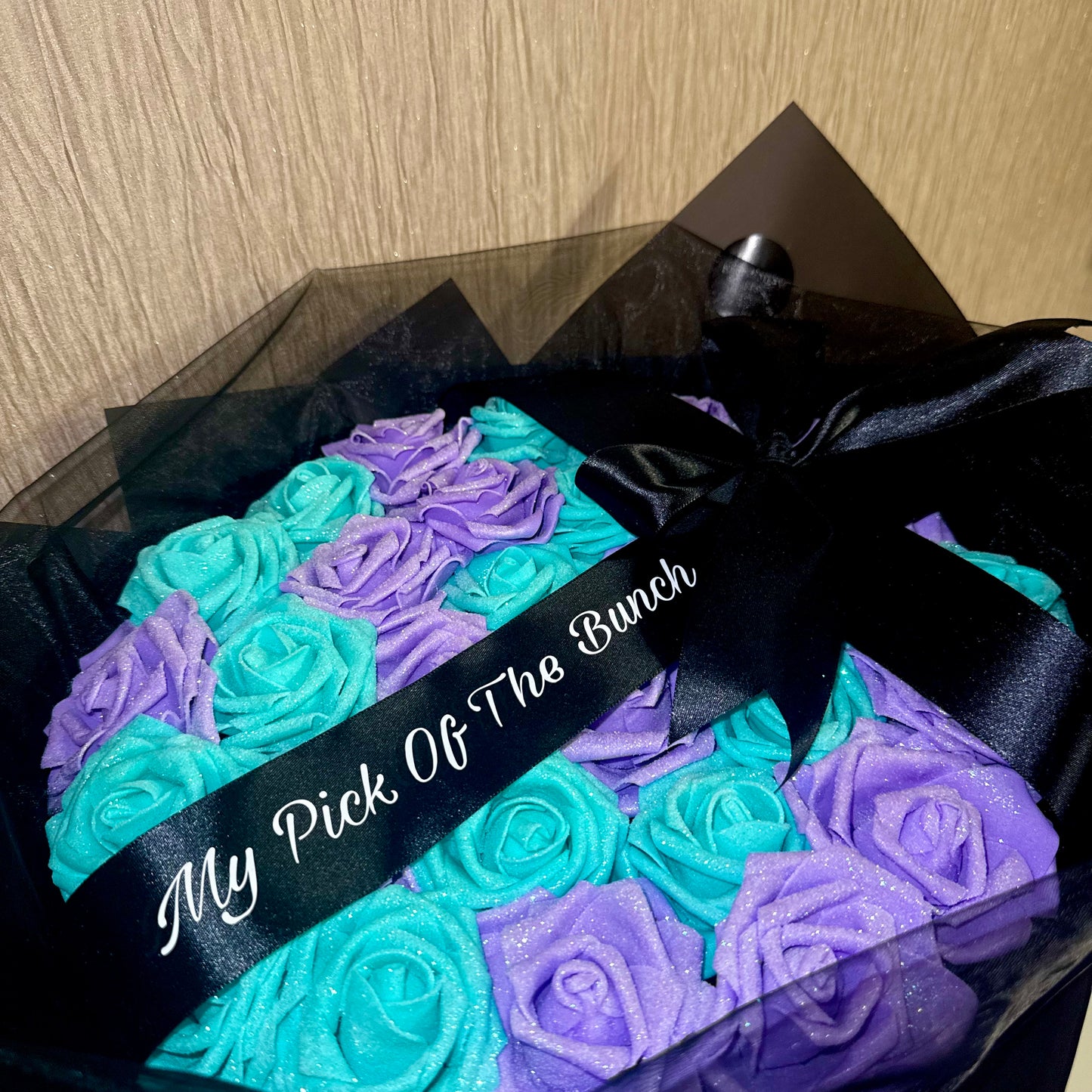 Purple & Turquoise Glitter Rose Personalised Bouquet