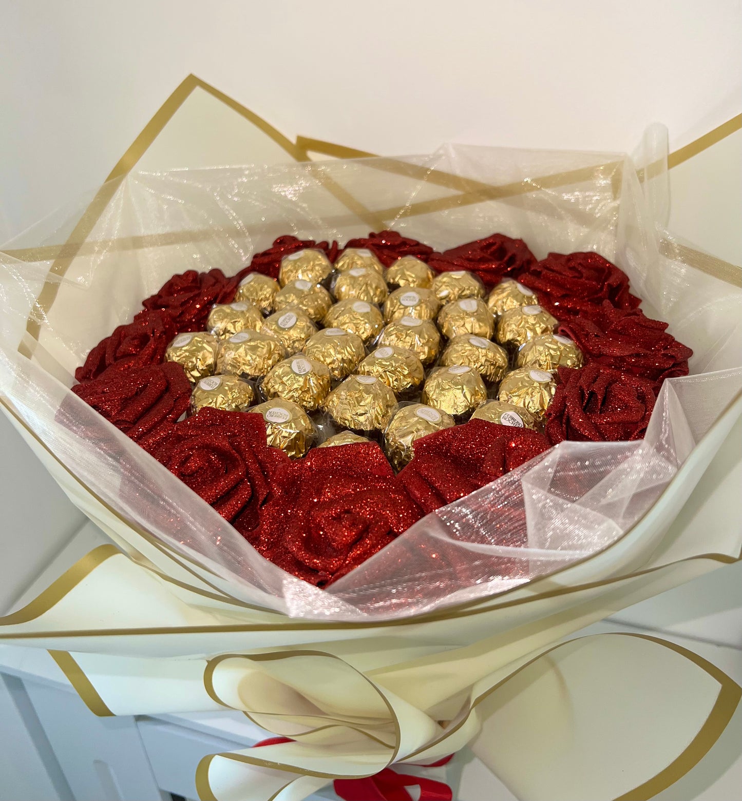 Red Glitter Rose Cream Ferrero Rocher Chocolate Bouquet