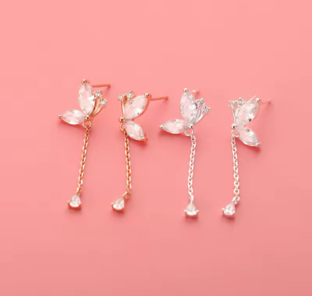 Rose Gold / Silver Butterfly Dangle / Drop Womens Earrings