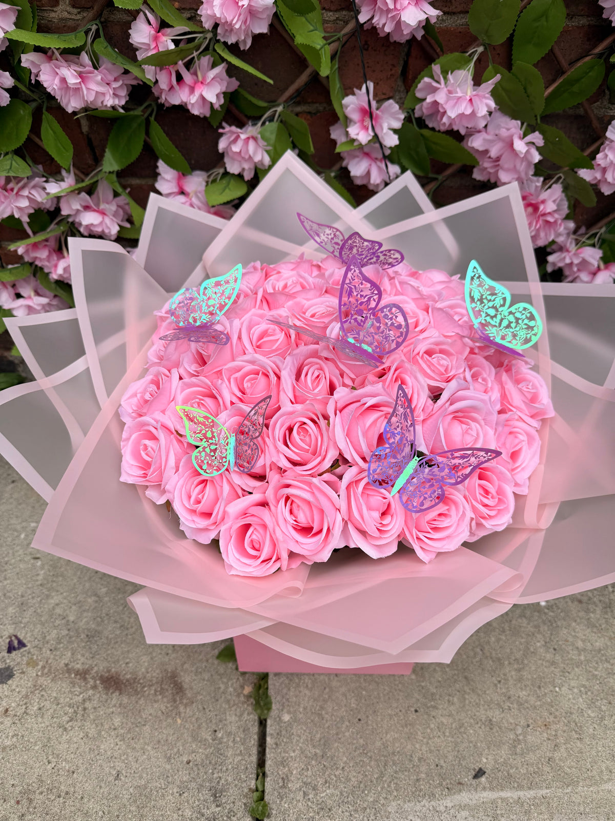Luxury Baby Pink Rose Bouquet with Iridescent Butterflies Personalised Forever Rose Gift