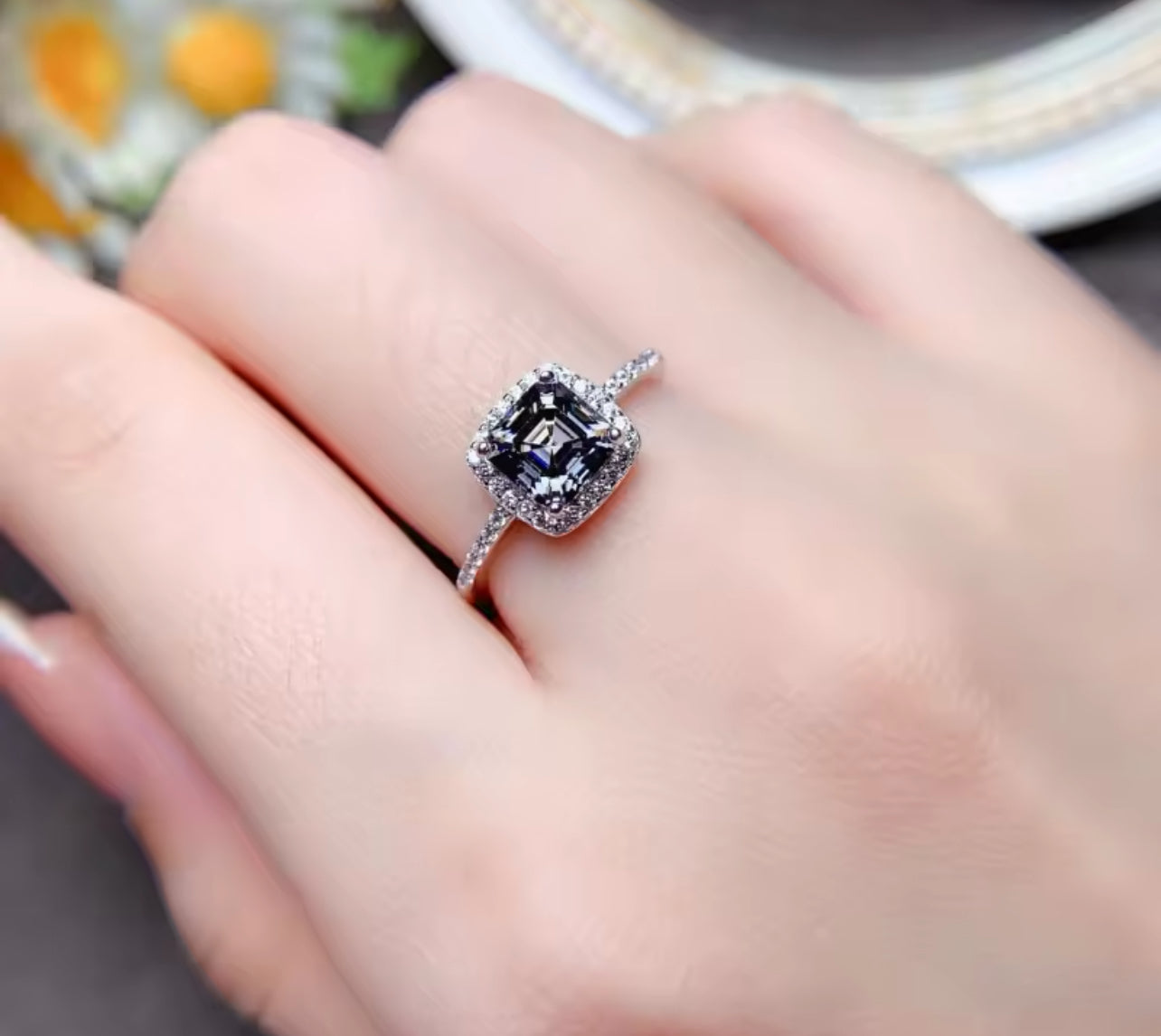Asscher Dark Grey 1ct Moissanite Womens Engagement Ring
