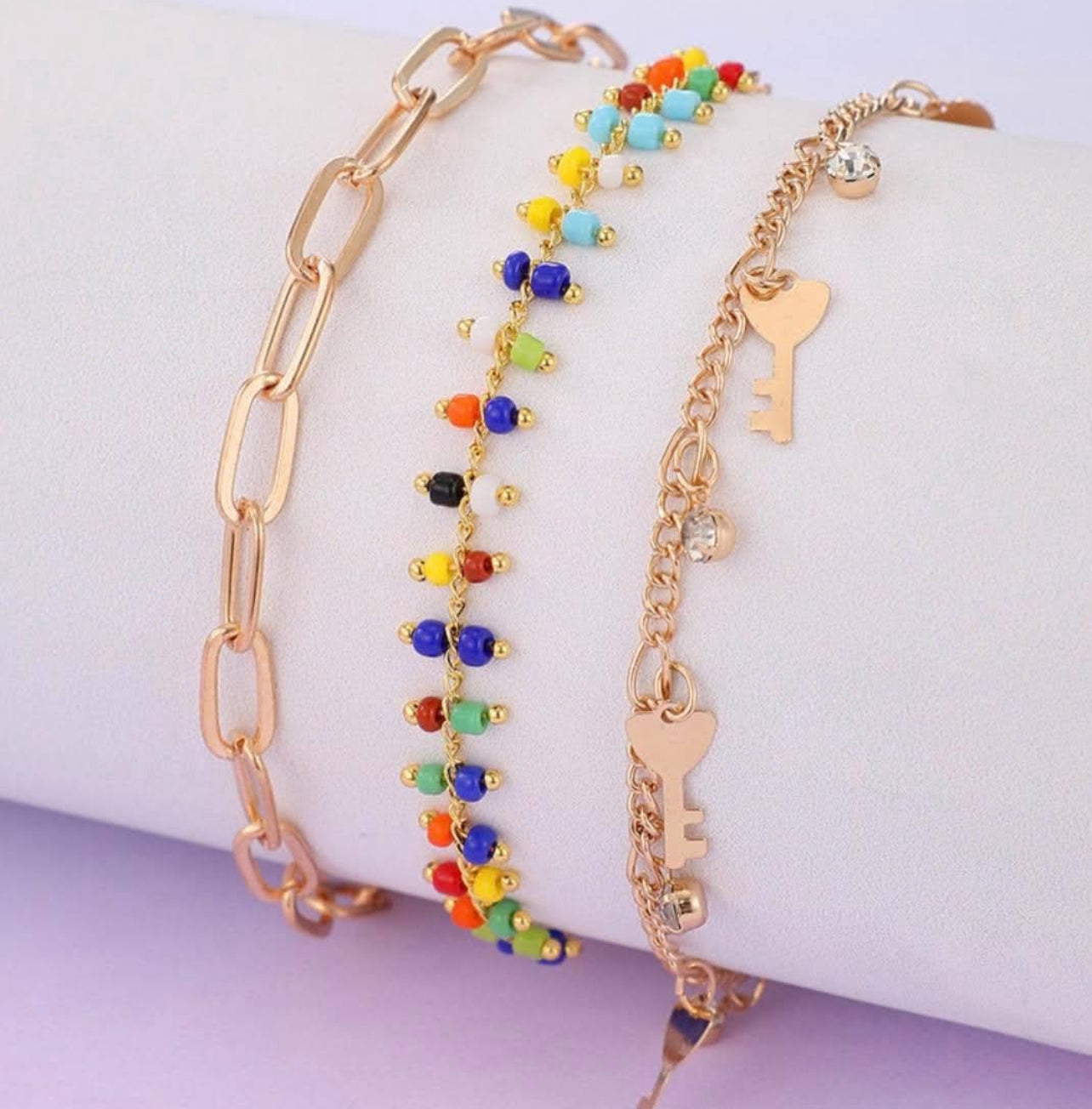 Gold Layered Key Beaded Anklet Set