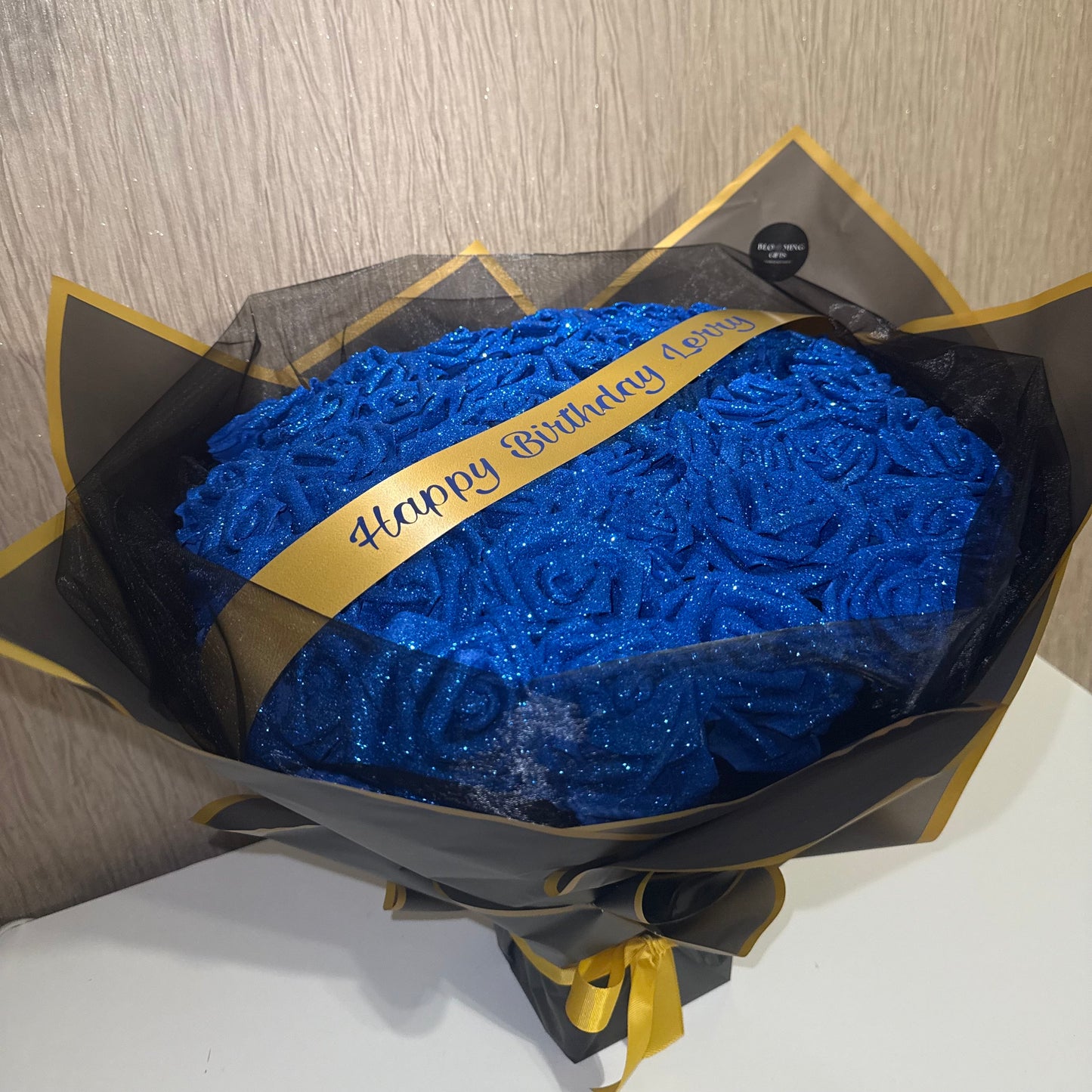 Personalised Any Message Royal Blue Glitter Rose Flower Bouquet
