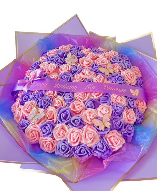 100 Glitter Rose Purple / Pink Large Flower Bouquet Gift