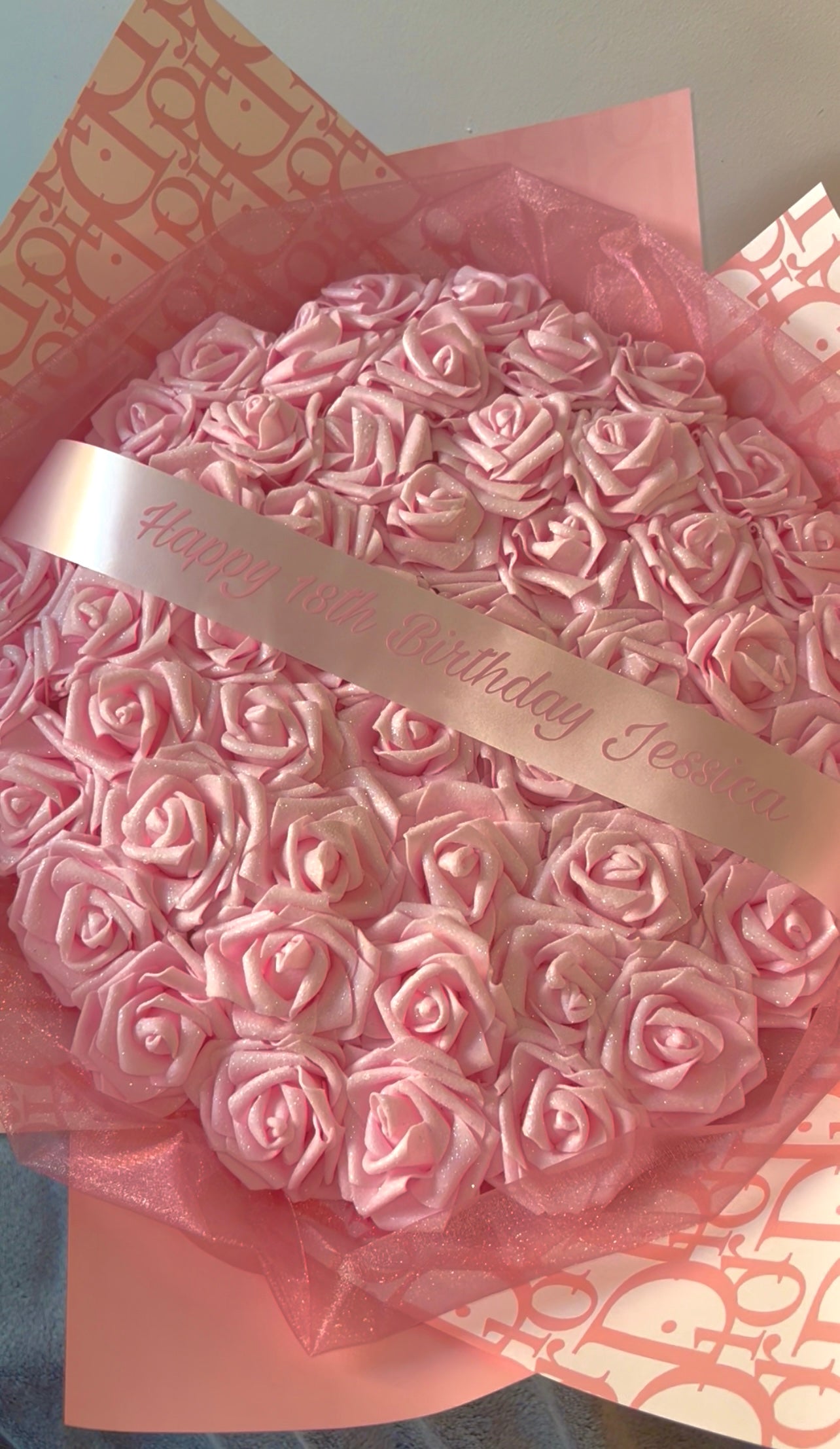 Pink & White Personalised Glitter Rose Bouquet High End Wrapping