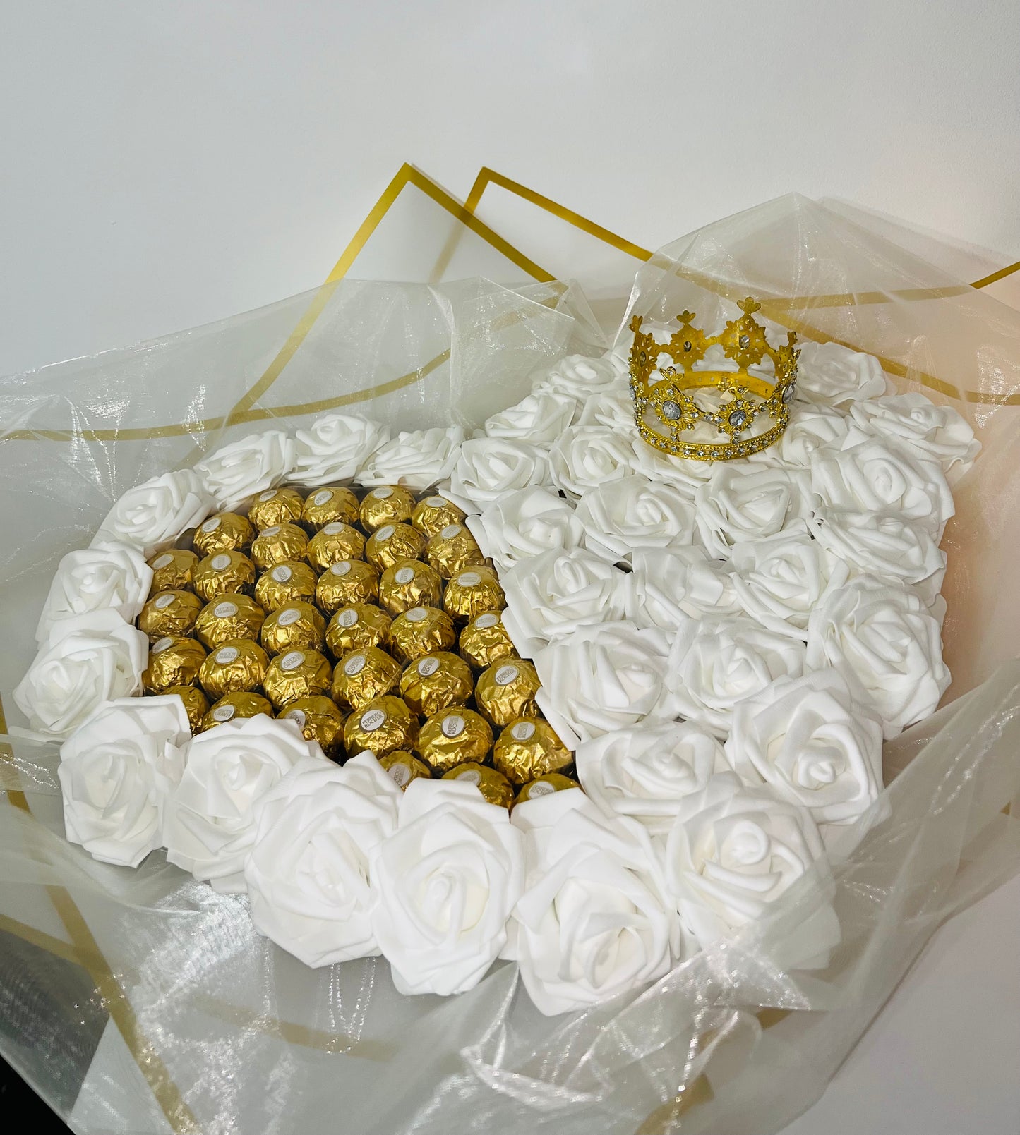 XL White Rose Ferrero Rocher Bouquet With Crown