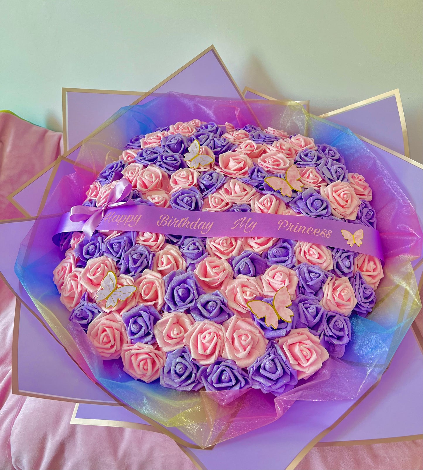 100 Glitter Rose Purple / Pink Large Flower Bouquet Gift