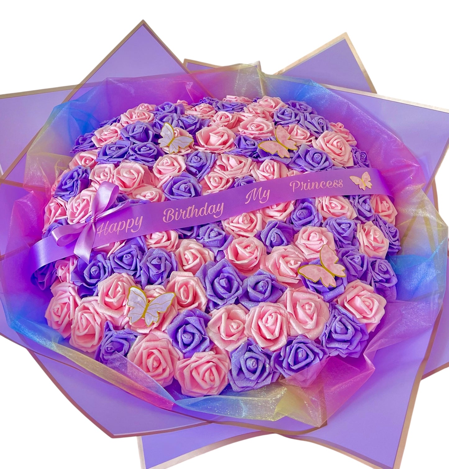 100 Glitter Rose Purple / Pink Large Flower Bouquet Gift