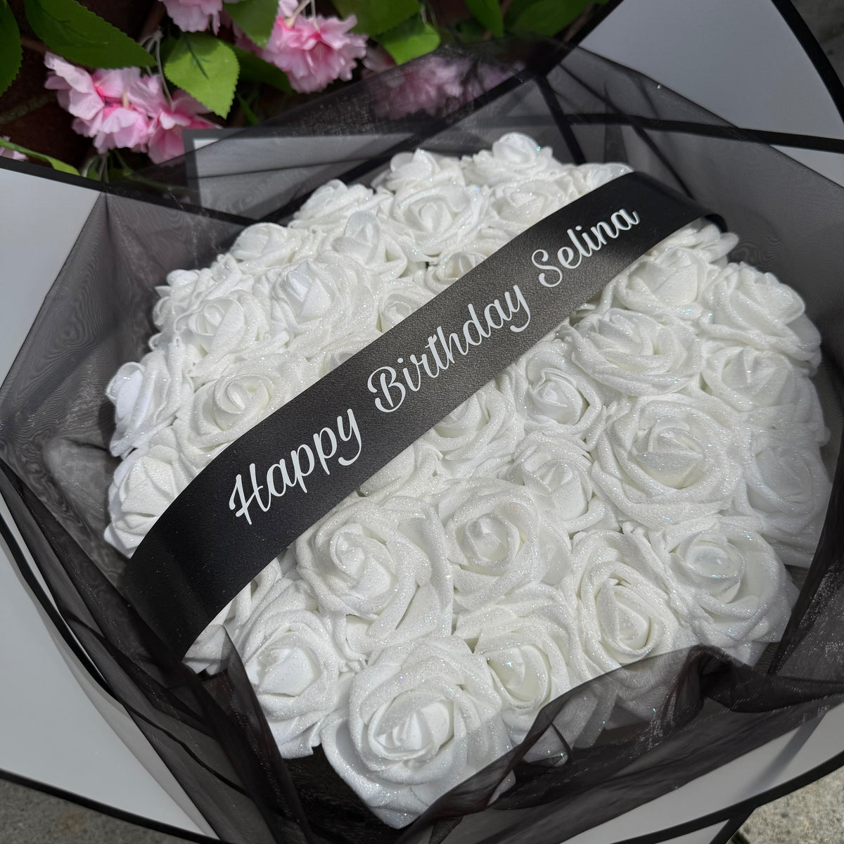 Personalised Black & White Glitter Rose Bouquet | Forever Roses