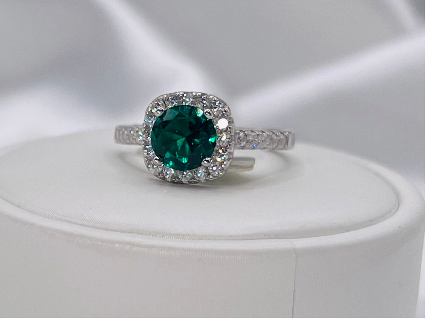 1CT Sterling Silver Emerald Green Engagement Ring