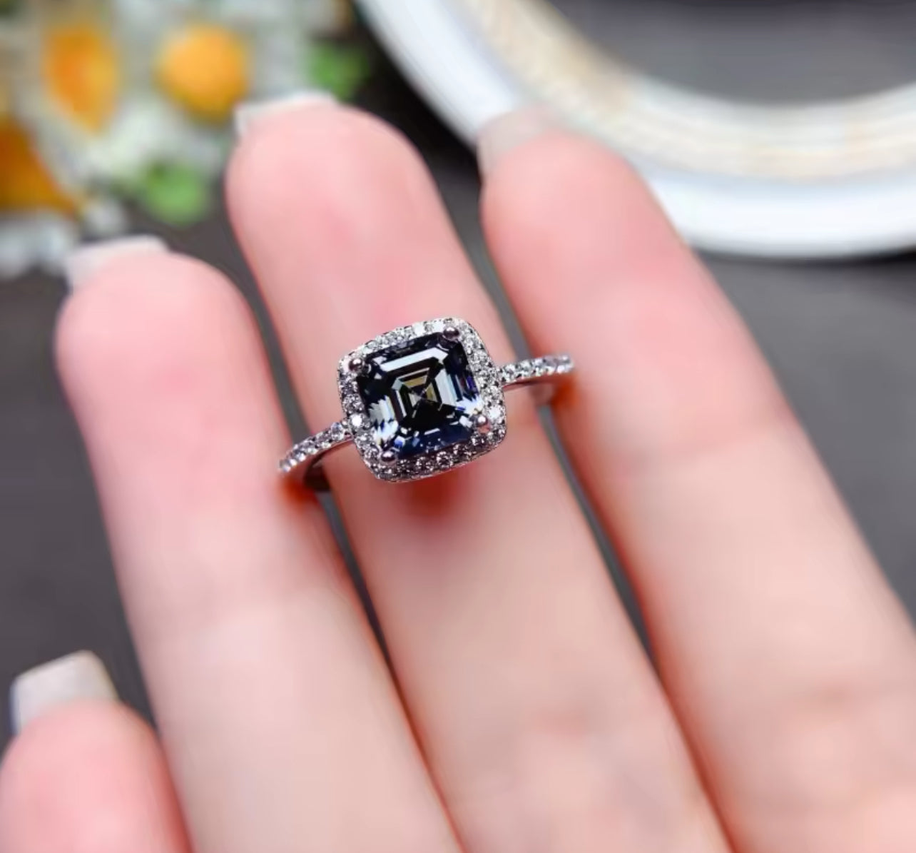 Asscher Dark Grey 1ct Moissanite Womens Engagement Ring