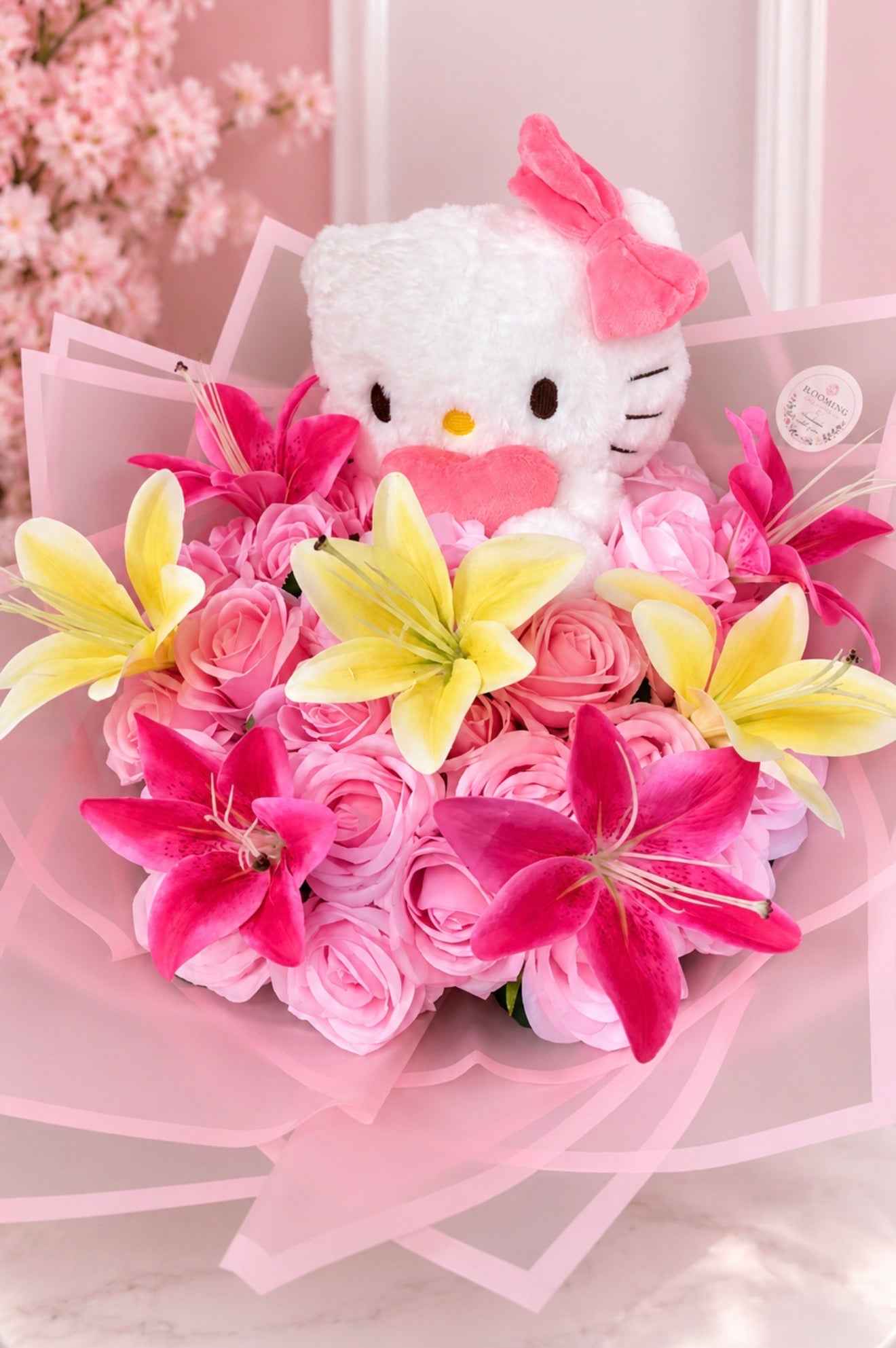 Hello Kitty Pink Rose & Lily Bouquet with Plush Teddy Forever Flower Gift