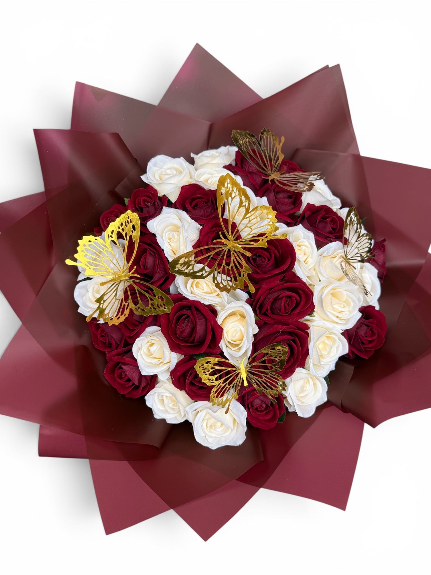 Luxury Red & Ivory Artificial Rose Bouquet with Gold Butterflies | Forever Roses