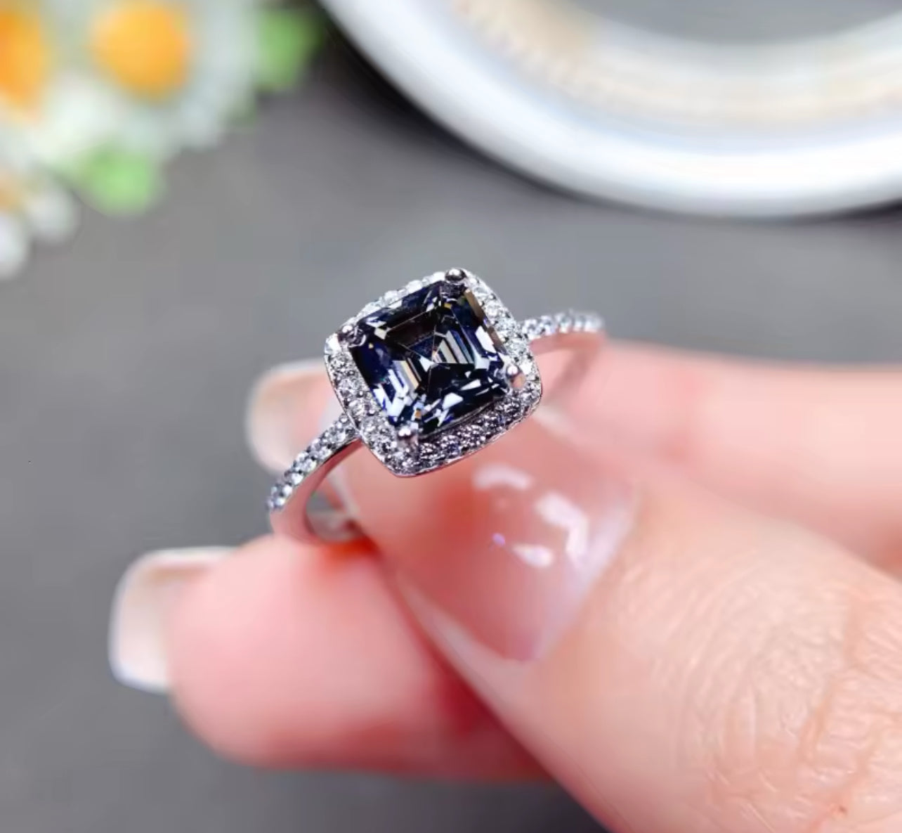 Asscher Dark Grey 1ct Moissanite Womens Engagement Ring