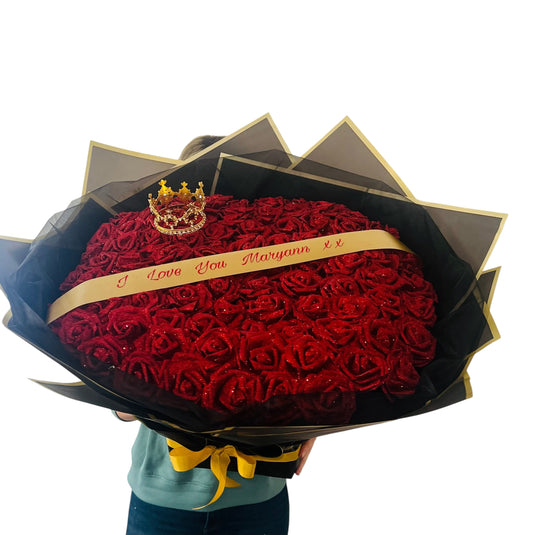 100 Red Glitter Roses Personalised Banner & Crown