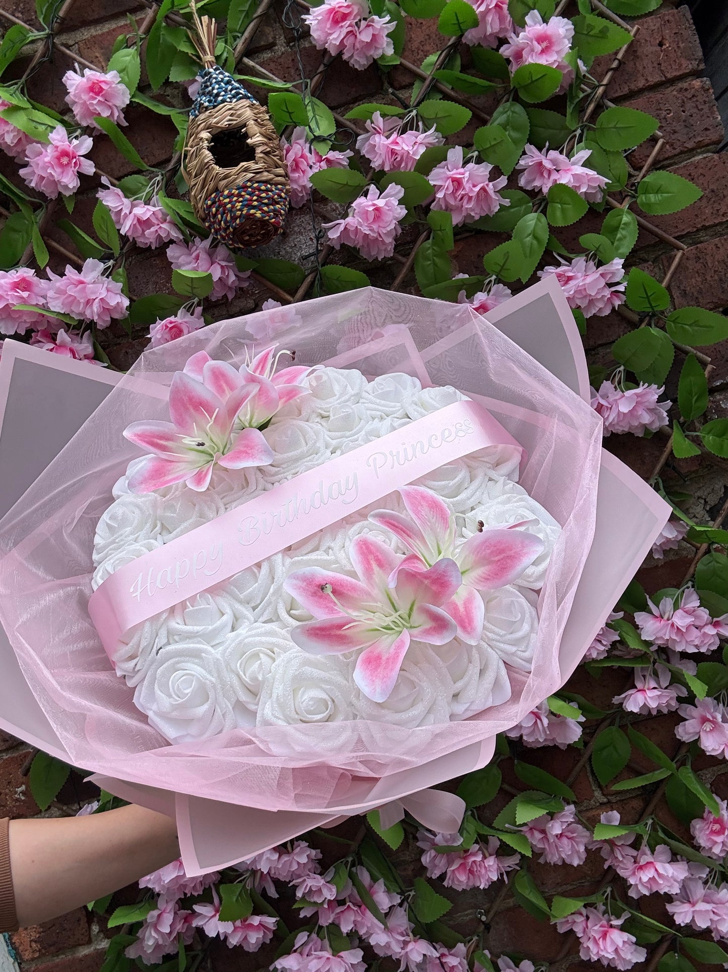 Personalised White Glitter Rose Bouquet With Pink Lilies