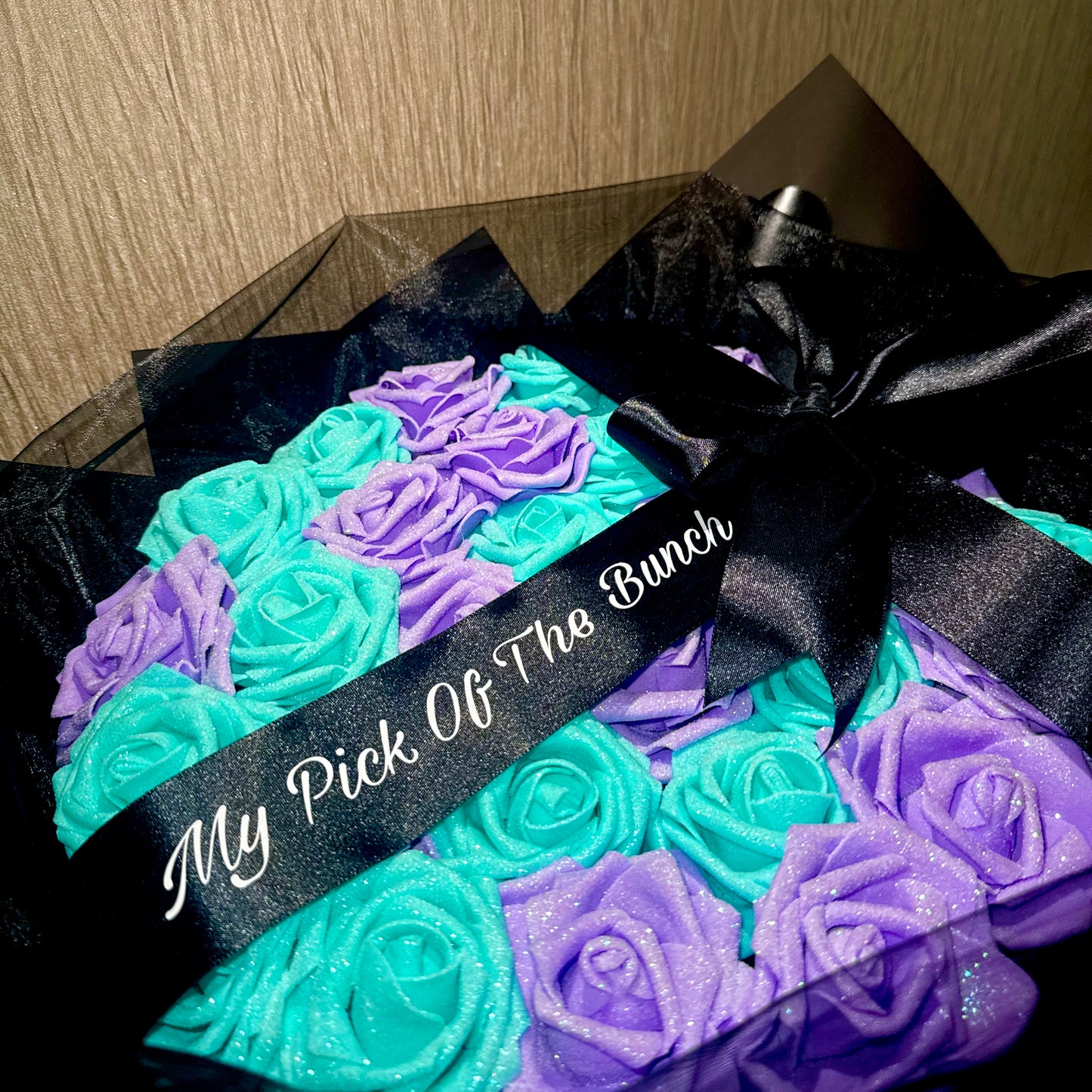 Purple & Turquoise Glitter Rose Personalised Bouquet