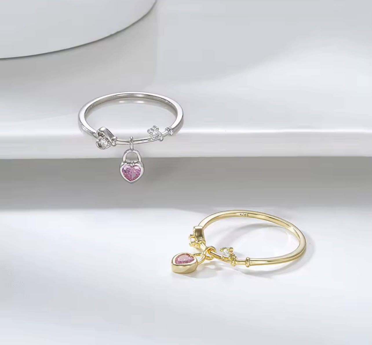 Silver / Gold Pink Love Heart Womens Ring