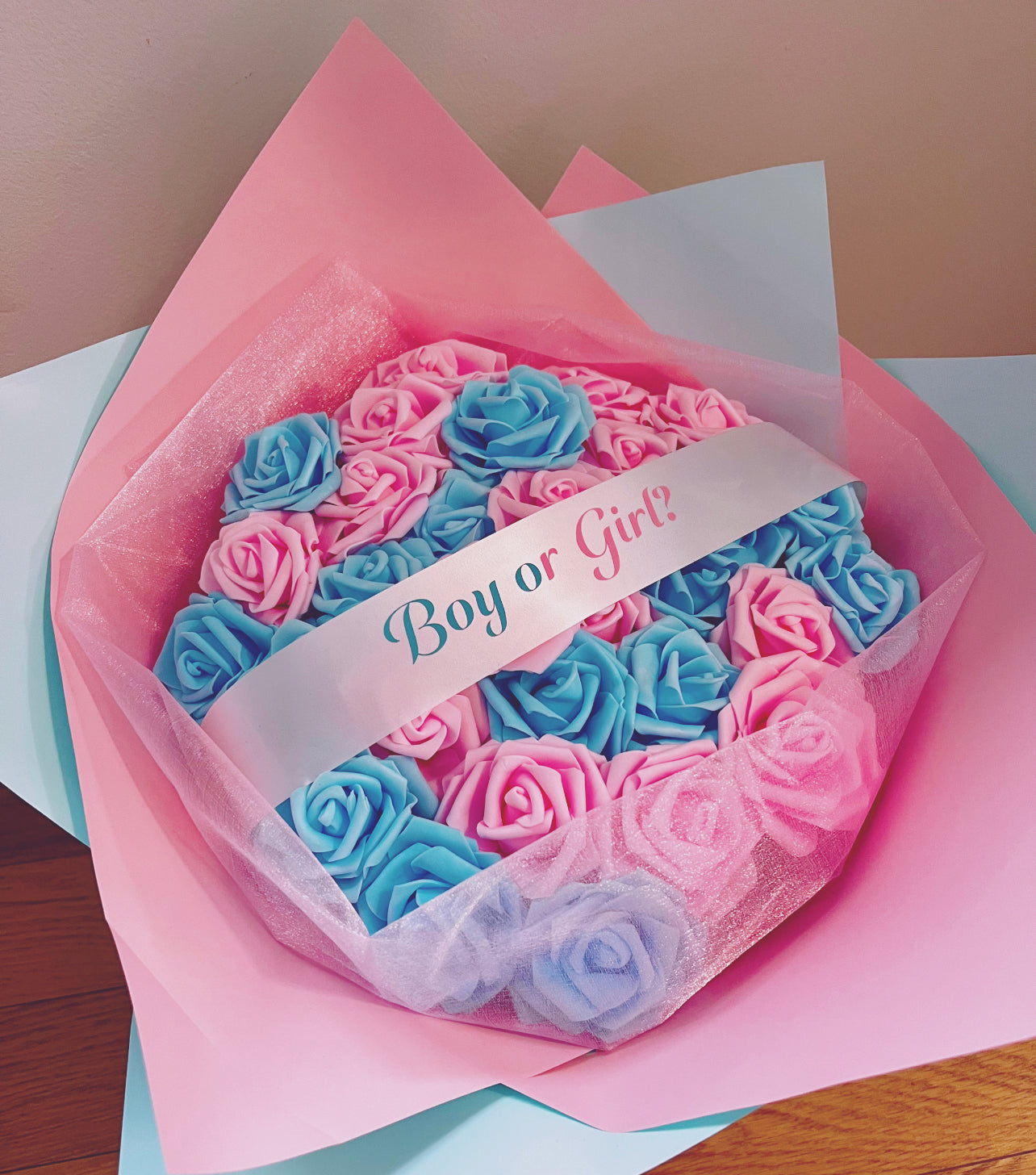 Pink and Blue Rose Bouquet Baby Gender Reveal Style