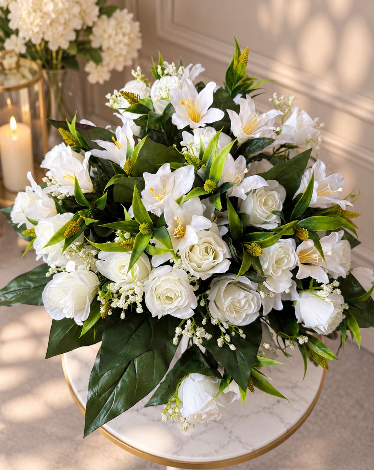 Large White Rose & Lily Artificial Flower Arrangement