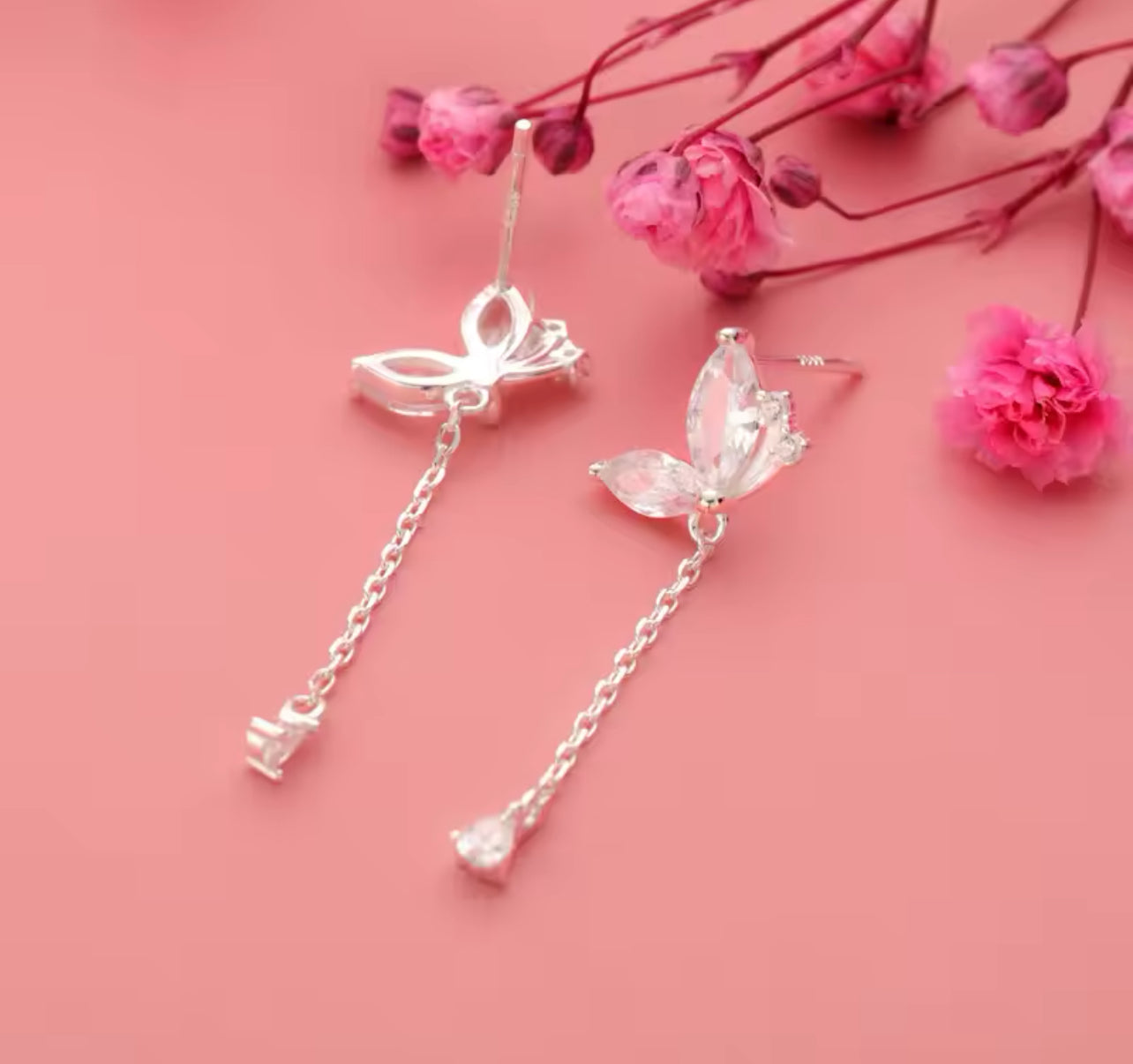 Rose Gold / Silver Butterfly Dangle / Drop Womens Earrings
