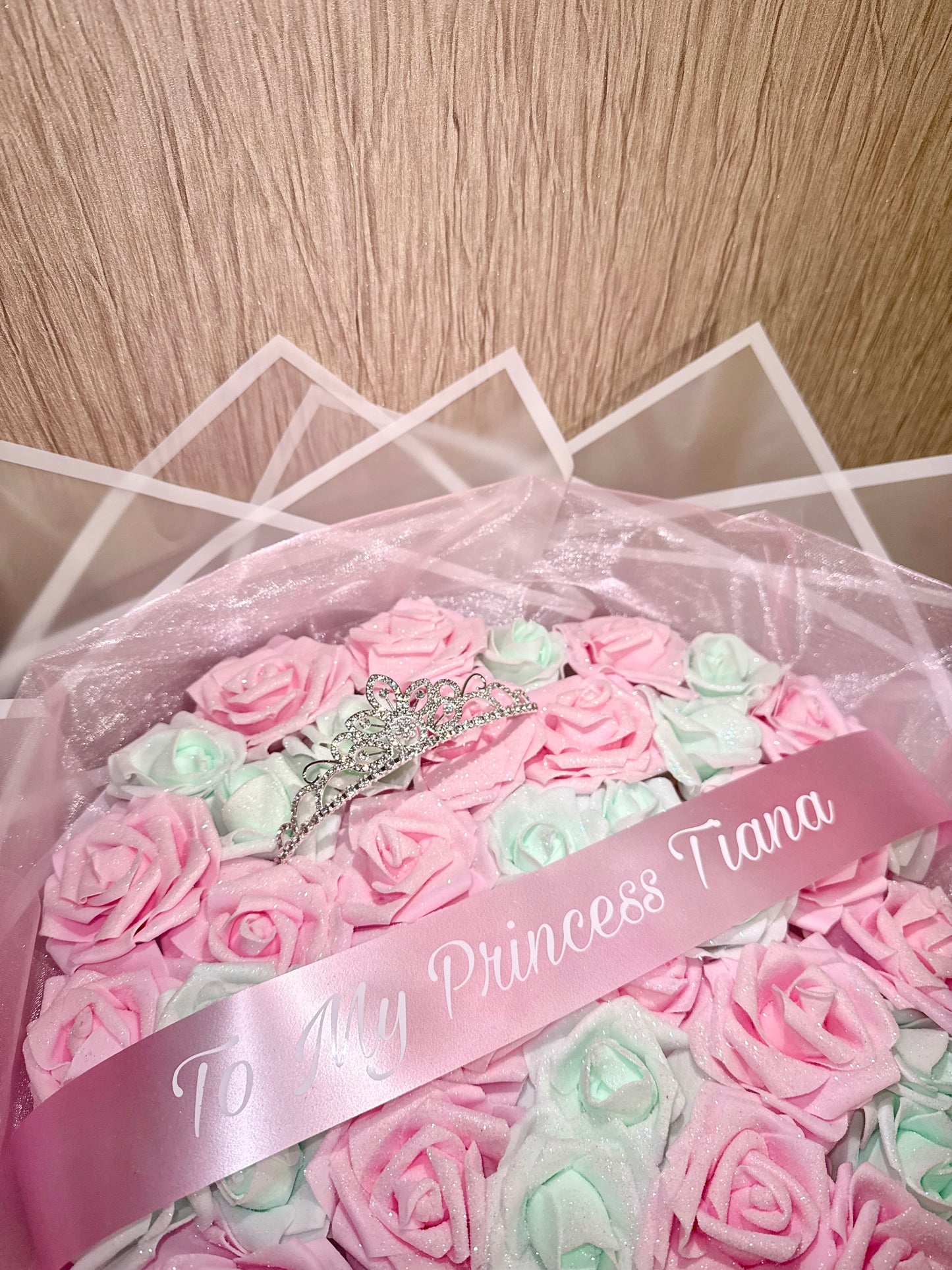 Blush Pink & Pale Green Glitter Rose Tiara Personalised Bouquet