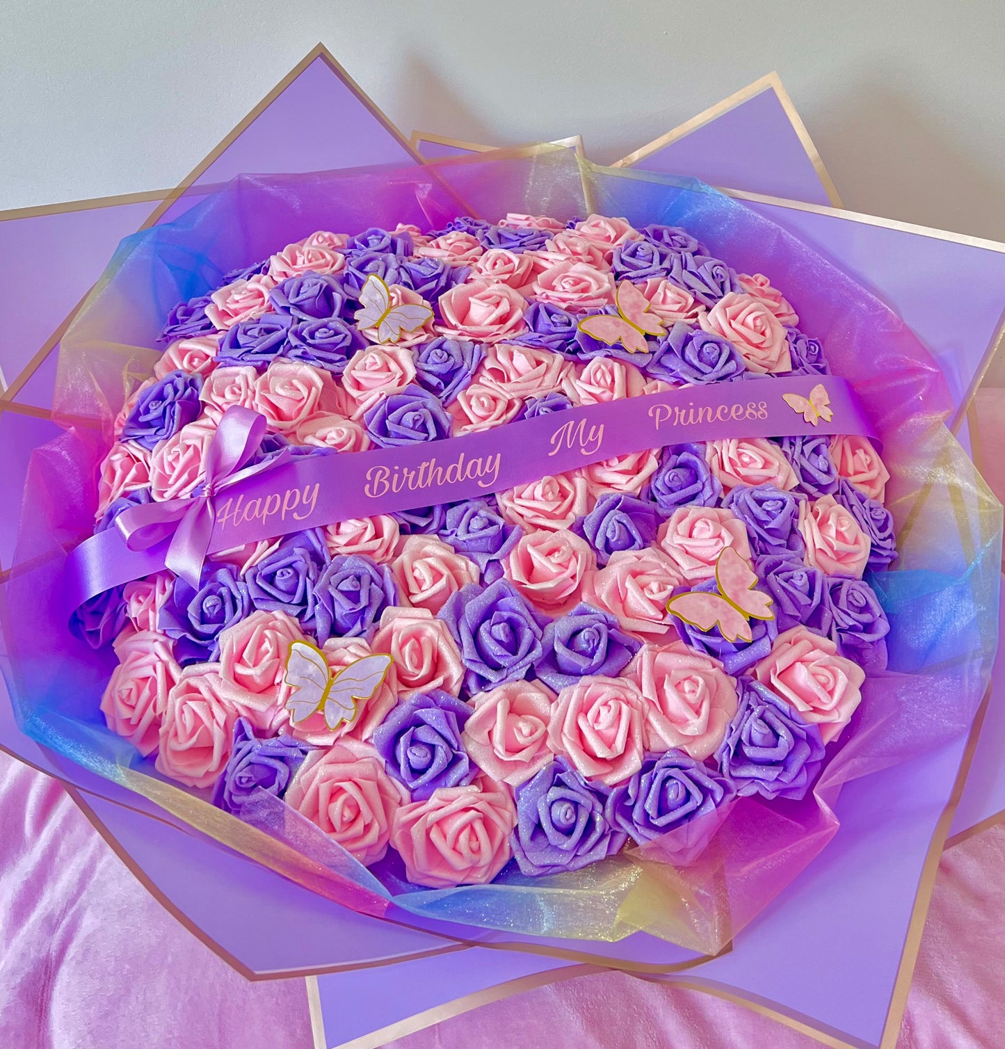 100 Glitter Rose Purple / Pink Large Flower Bouquet Gift