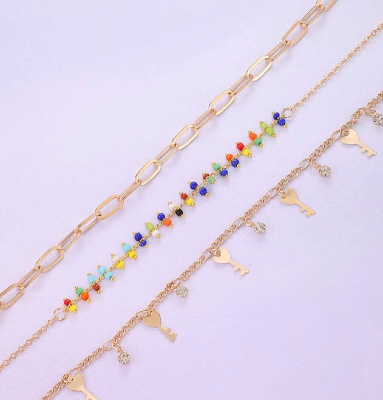 Gold Layered Key Beaded Anklet Set
