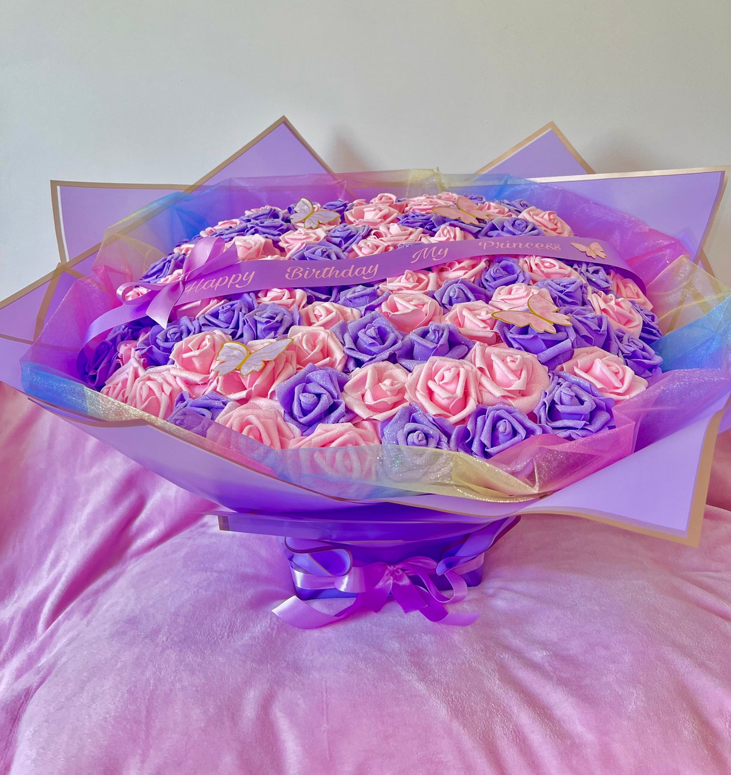 100 Glitter Rose Purple / Pink Large Flower Bouquet Gift