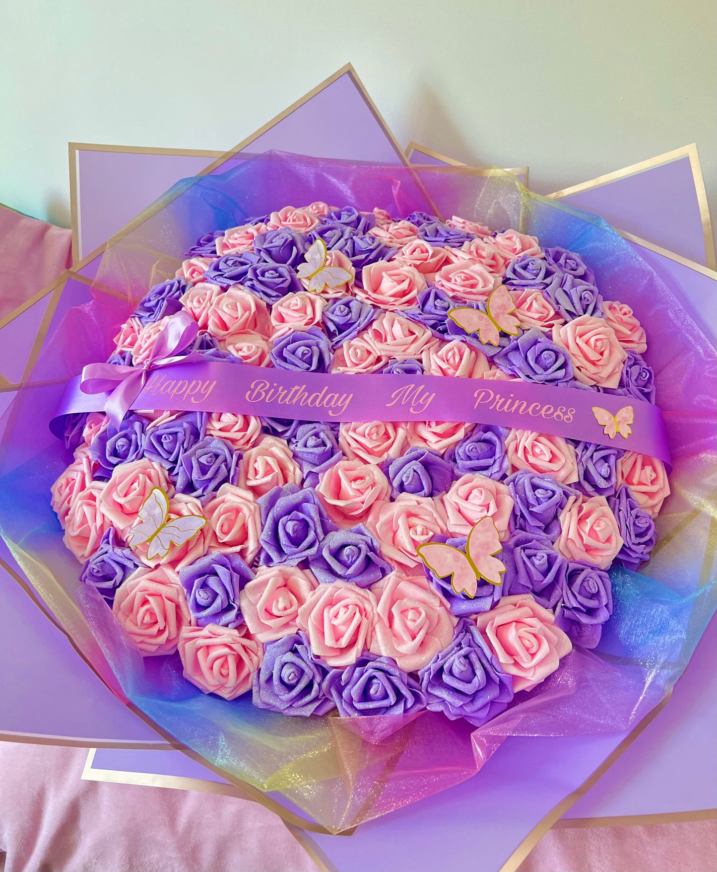 100 Glitter Rose Purple / Pink Large Flower Bouquet Gift