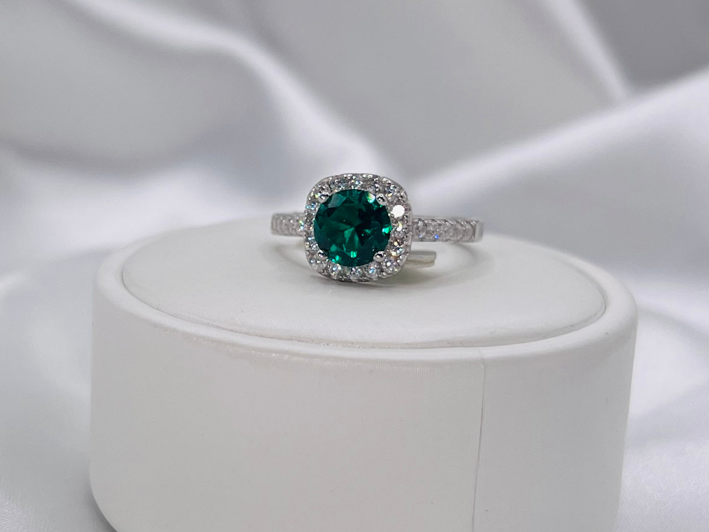 1CT Sterling Silver Emerald Green Engagement Ring