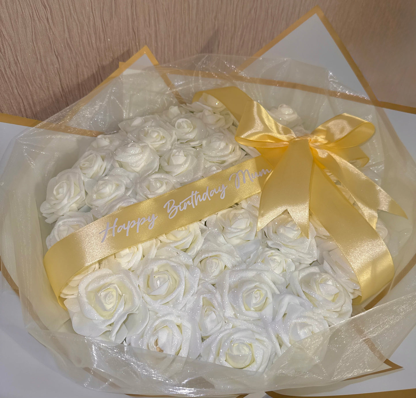 Cream & Gold Glitter Rose Personalised Any Occasion Flower Bouquet